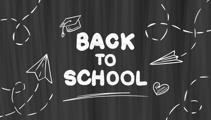 Horizontal Back to School banner with a blackboard background, text with texture effect, and hand-drawn scribbles. School motivational banner with space for text, announcements, and posters.