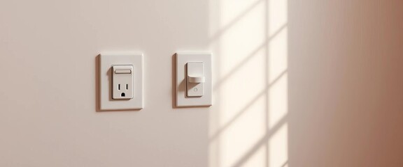 A standard electrical wall outlet and switch on a painted interior wall, interior, electric