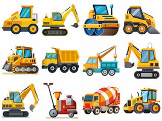 Construction equipment set including various yellow vehicles  