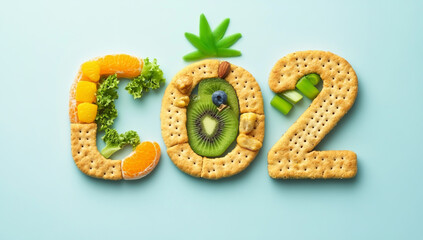 The green and yellow food forms the word CO2 in two rectangles