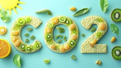 The green and yellow food forms the word CO2 in two rectangles