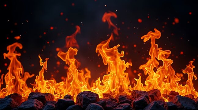 Vibrant orange flames dance above dark rocks with glowing embers fire burning