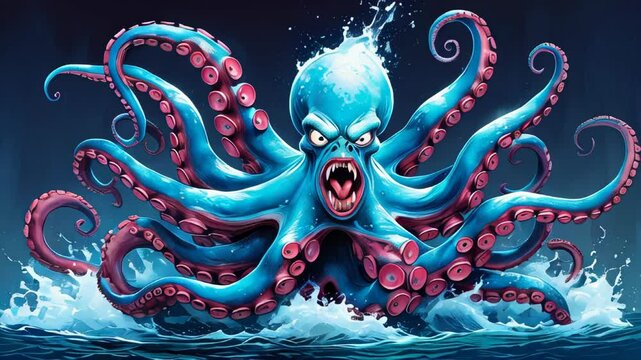 An illustration of an angry octopus with furrowed brows and intense expression, showcasing its tentacles in a dynamic pose to convey emotion and underwater power.