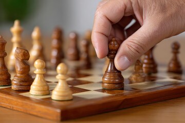 A hand is moving a bishop piece on a wooden chessboard