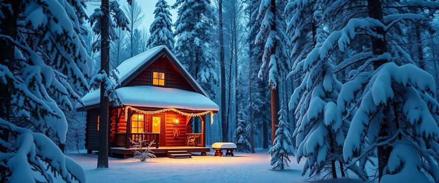 Fototapeta Cozy winter cabin in snowy forest glade, warm window glow , warm, cottage
