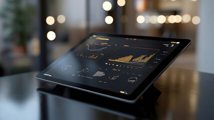 Futuristic Tablet with Real-Time Financial Charts in a Modern Interior
