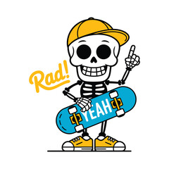 Cartoon Skeleton with Skateboard and Yeah Text illustration