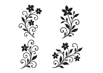 floral decorations logo silhouette vector, botanical flowers logo icon silhouette, hand drawn flower silhouettes illustration, flat design flower logo silhouettes  vector on a white background