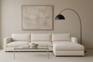 Modern living room interior design with white sofa and glass table decor