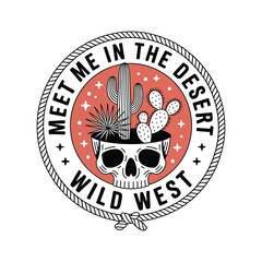 Desert Skull Cactus Illustration with Rope Border wild west