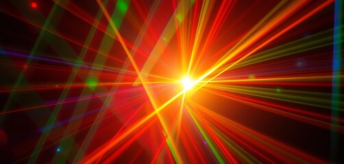 Fototapeta premium Diagonal light beams refract, creating vibrant, geometric patterns in cosmic hues, art, glow