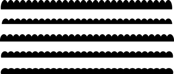 scalloped border shape. Texture ribbons. elements seamless frame. Wave edge seamless stripes for divide and separate. Black repeated squiggle stroke pack
