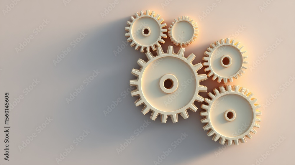 Poster a close-up view of interlocking gears on a soft background, symbolizing engineering, mechanisms, and