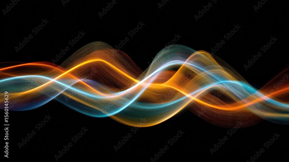 Poster abstract colorful waves of light in motion against a dark background, representing energy, flow, and
