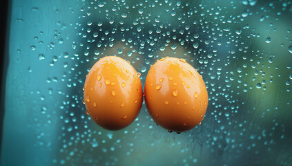Two orange eggs are visible through the rain-soaked window glass, against a blue-green background.