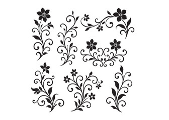 floral decorations logo silhouette vector, botanical flowers logo icon silhouette, hand drawn flower silhouettes illustration, flat design flower logo silhouettes  vector on a white background