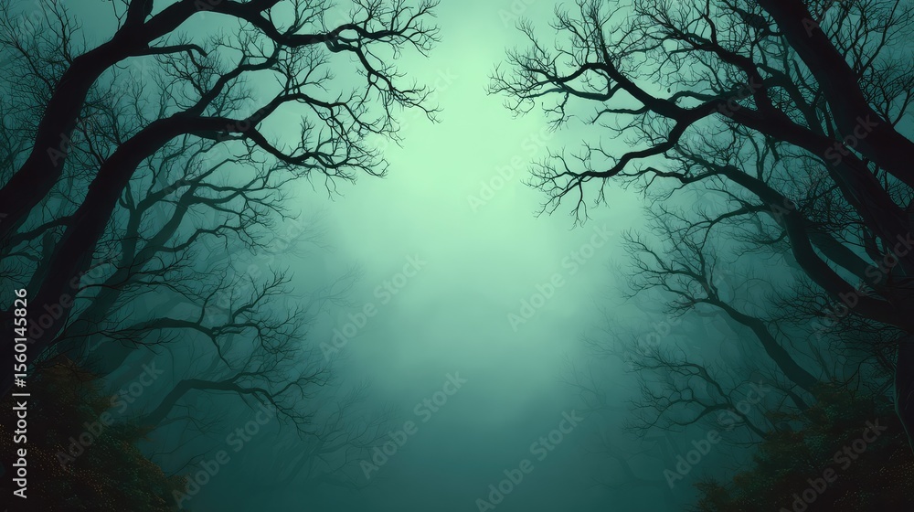 Poster dark and mysterious forest with sparse branches and fog covering the ground, creating an atmospheric