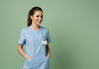 Portrait of a friendly female nurse or medical assistant. A confident young woman in blue scrubs smiles, wearing a blank ID badge for customization, on a green background with copy space.