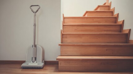 Rechargeable broom vacuum with slim body placed beside staircase with clean steps