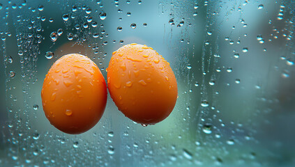 Two orange eggs are visible through the rain-soaked window glass, against a blue-green background.