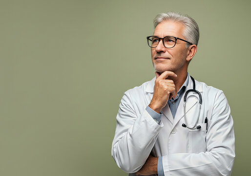 Thoughtful senior doctor looking up with hand on chin. A pensive and experienced male physician contemplating a complex diagnosis or medical breakthrough. Concept for wisdom and expertise.