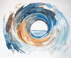Watercolor painting of a wave tunnel with blue and brown circular design