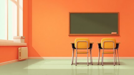 Bright and Vibrant Classroom Setting with Orange Walls, Chalkboard, and Modern Furniture Designed for Creative Learning Environments