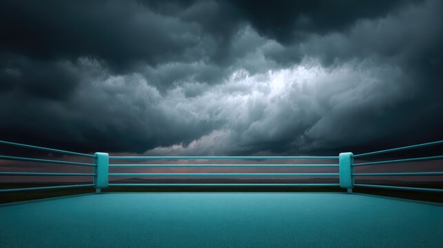 Dramatic Overcast Skies Above An Empty Boxing Ring Surrounded By Turquoise Ropes Against A Background Of Ominous Clouds And Twilight Scenery