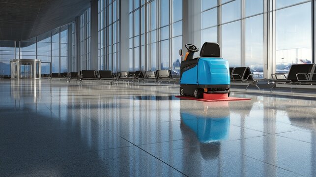 Ride-on floor scrubber with squeegee attachment parked in an airport terminal