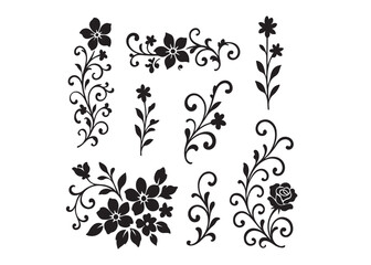 floral decorations logo silhouette vector, botanical flowers logo icon silhouette, hand drawn flower silhouettes illustration, flat design flower logo silhouettes  vector on a white background