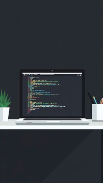 Flat Design Laptop with Code on Screen and Clean Workspace