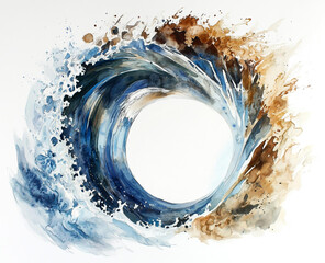 Watercolor painting of a wave tunnel with blue and brown circular design