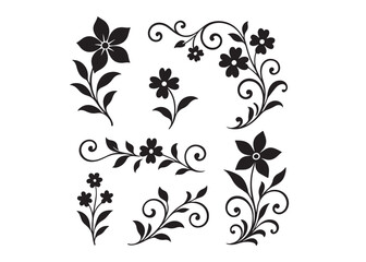 floral decorations logo silhouette vector, botanical flowers logo icon silhouette, hand drawn flower silhouettes illustration, flat design flower logo silhouettes  vector on a white background