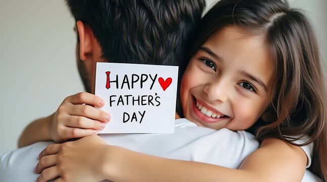 Young girl hugs father holding happy fathers day card daughter child