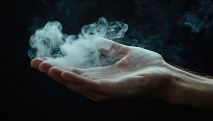 A hand holds swirling white smoke against a dark backdrop