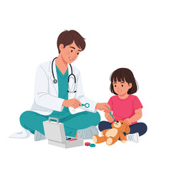 A doctor examines a child with a teddy bear, providing pediatric care.