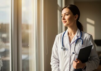 Thoughtful female doctor in white coat with stethoscope looking out a hospital window. Portrait of a hopeful and caring healthcare professional or general practitioner in a clinic.