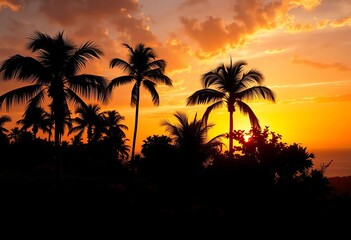 Obraz premium Silhouette of palm trees, lush foliage, and flowers against a sunset , summer, paradise found