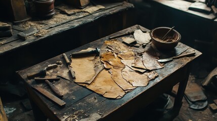 Leather pieces and tools lay scattered on a rustic wooden workbench. Ideal for illustrating craftsmanship, historical trades, or creative workspace.