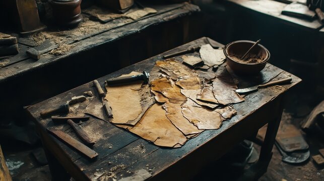 Leather pieces and tools lay scattered on a rustic wooden workbench. Ideal for illustrating craftsmanship, historical trades, or creative workspace.