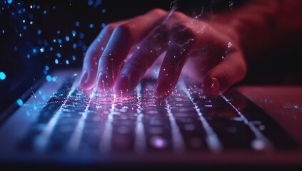 Close-up of hands typing on a laptop keyboard, glowing with vibrant light effects.  Particles and light streams surround the keys
