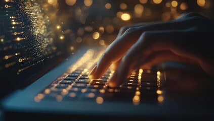 Close-up of hands typing on a glowing laptop keyboard, digital data overlay