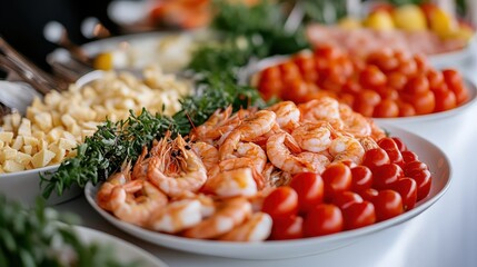 Buffet table filled with various foods like shrimp and cherry tomatoes. Showcase your food related service or publish a delicious recipe.