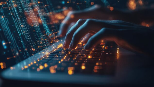 Close-up of hands typing on a laptop, glowing keys and digital data streams
