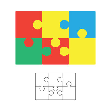 Jigsaw puzzle background, blank 2x3 puzzle template, colorful isolated on white, vector illustration.