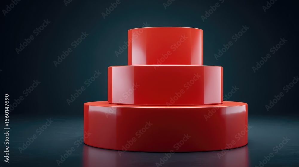 Aufkleber three tiers of glossy red cylinders arranged in a modern display setting against a soft gradient bac