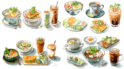 Watercolor illustration of Vietnamese dishes and drinks including pho, spring rolls, coffee, and egg dishes served with herbs on ceramic plates.

