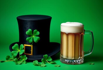 Top hat, shamrock, beer mug on green background for St Patrick's Day,  mug,  template design