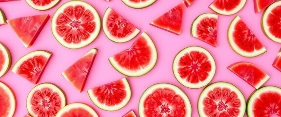 Vibrant seamless pattern of juicy watermelon slices on pink background , repeat, tropical