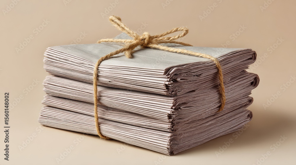 Poster neatly stacked bundles of brown paper sheets tied with twine on a soft beige background, perfect for
